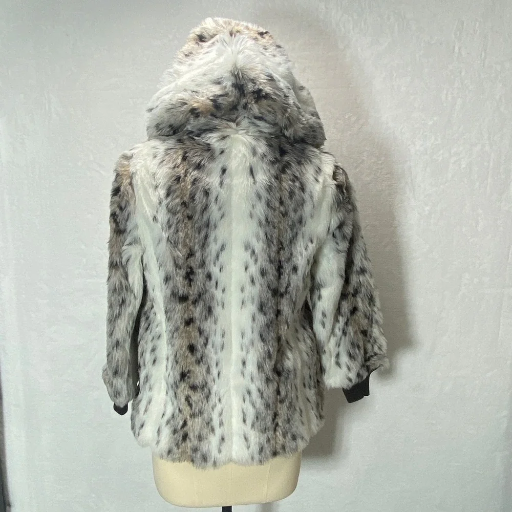 VTG Girl's Skyline Fun Fur‎ Faux Fur Hooded Jacket Snow Leopard Print Coat